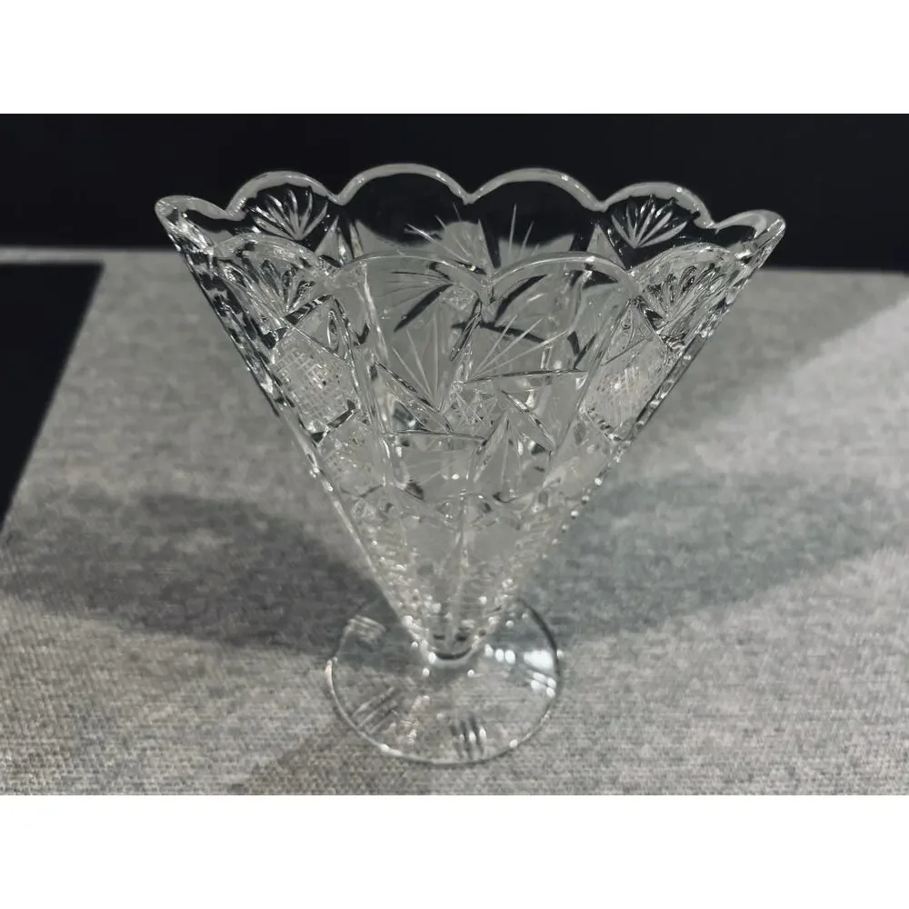 Vintage Cut Crystal Trumpet Vase With Scallop Rim Starburst Pedestal 7”